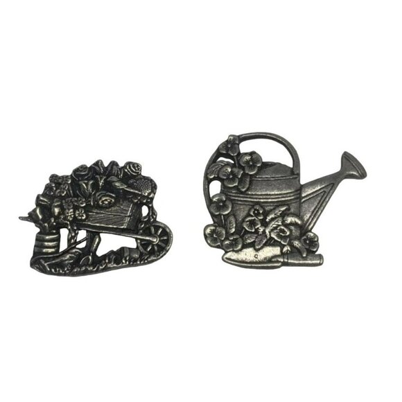 Vintage Birds & Blooms Pewter Silver tone Brooch Pins Set 2000-2001 Watering Can - Picture 1 of 7